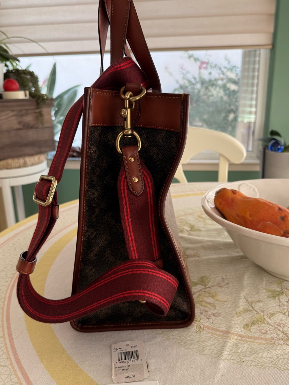 Coach Brown Canvas Shoulder Bag, Leather Trims, with Red Strap